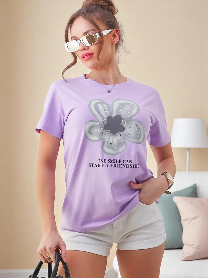 Royalfashion Sieviešu kokvilnas T-krekls ar ziedu