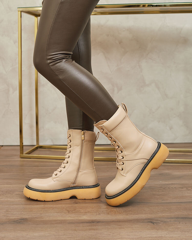 Royalfashion Beige women's lace-up boots on a solid sole Diret