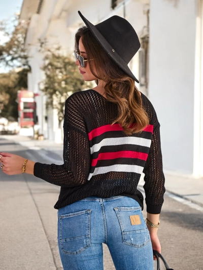 Royalfashion Black openwork women's striped sweater