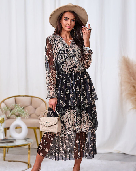 Royalfashion Melnbalts un bēšs sieta midi kleita ar apdruku