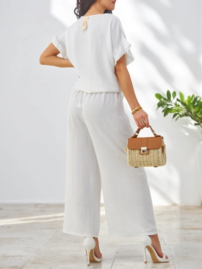 Royalfashion Women's casual set with a short-sleeve blouse and wide trousers