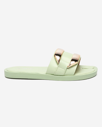 Green women's slippers with a large golden ornament Kedino - Footwear