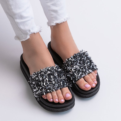 OUTLET Black women's platform slippers with Lomine cubic zirconia - Footwear