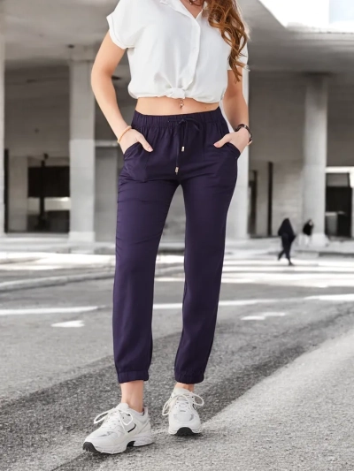 Sofía Granatowe Spodnie Długie z Lyocellu