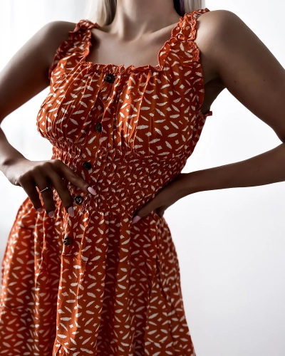 Women's knee-length dress with print in orange- Clothing