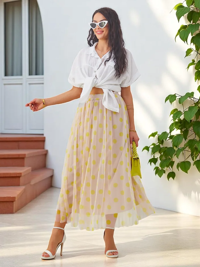Royalfashion Sieviešu midi svārki, kas izgatavoti no viskozes ar tilla slāni punktiņos