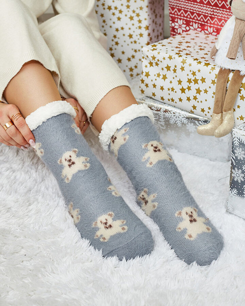 Royalfashion Утепленные серые женские носки с мишками