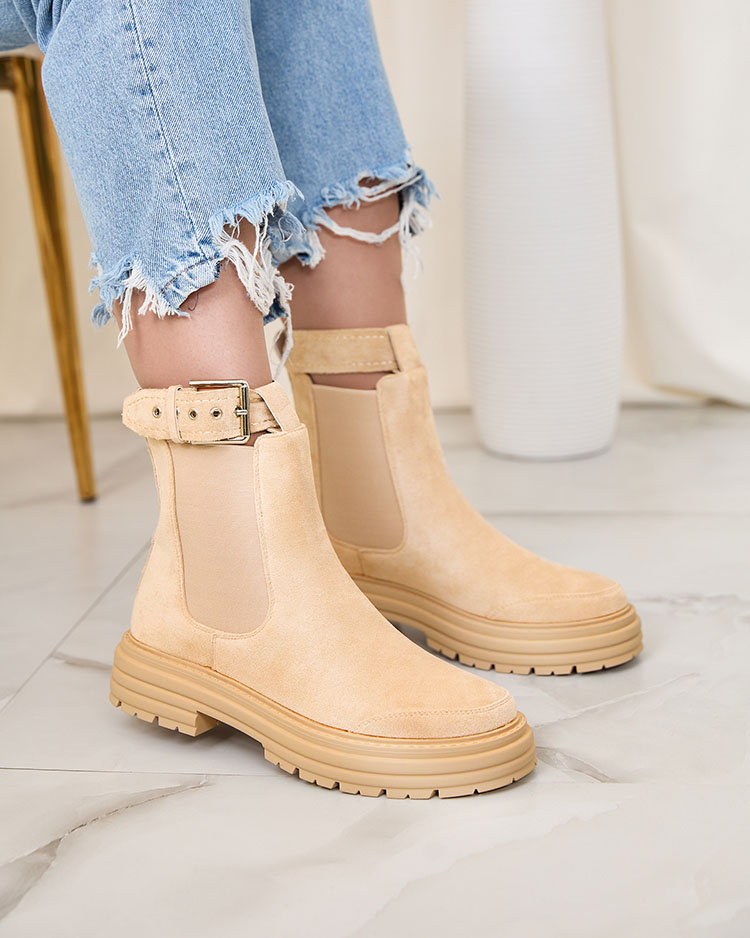 Royalfashion Бежевые женские сапоги с декоративным ремешком Loffdo