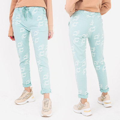 Mint fabric women's trousers with inscriptions - Clothing