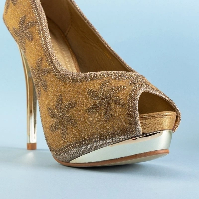 OUTLET Женские туфли на высоком каблуке из золотой парчи с фианитом Yilla - Обувь