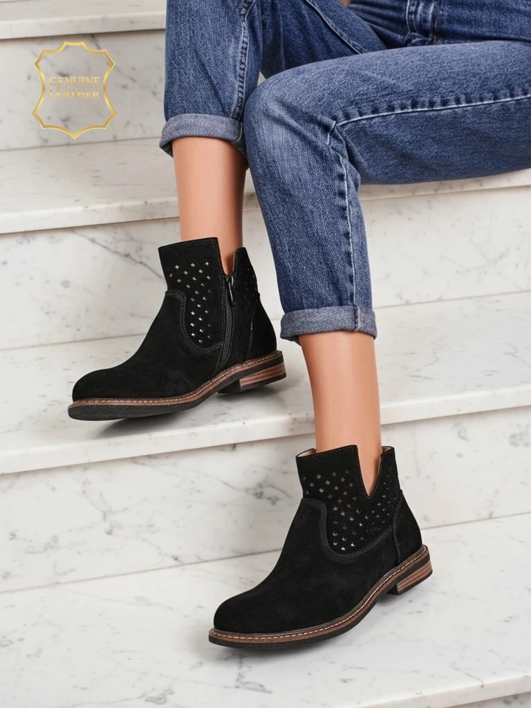 Aurelia Nero suede openwork women's ankle boots flat heel 3cm