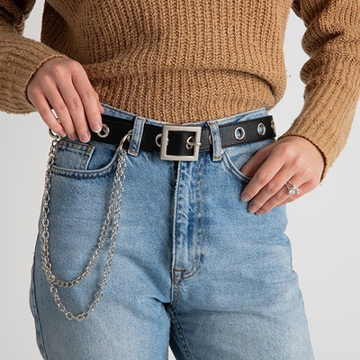 Ladies' black narrow belt with eyelets - Accessories