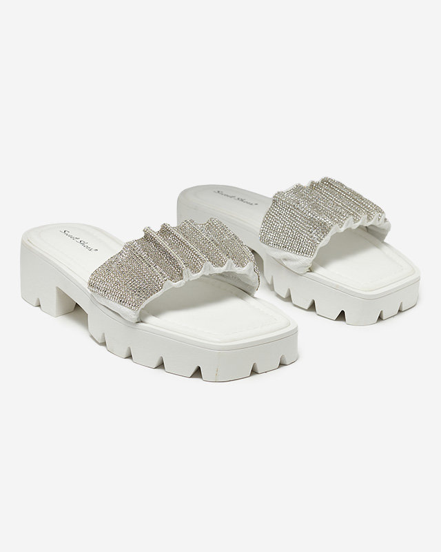 White women's slippers with cubic zirconia Emkoy - Footwear