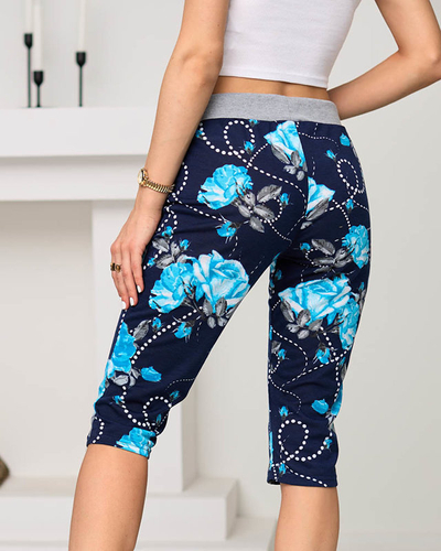 Navy blue women's 3/4 length shorts with blue flowers PLUS SIZE - Clothing