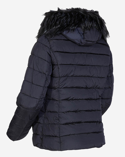 Navy blue women's quilted jacket with hood and fur- Clothing