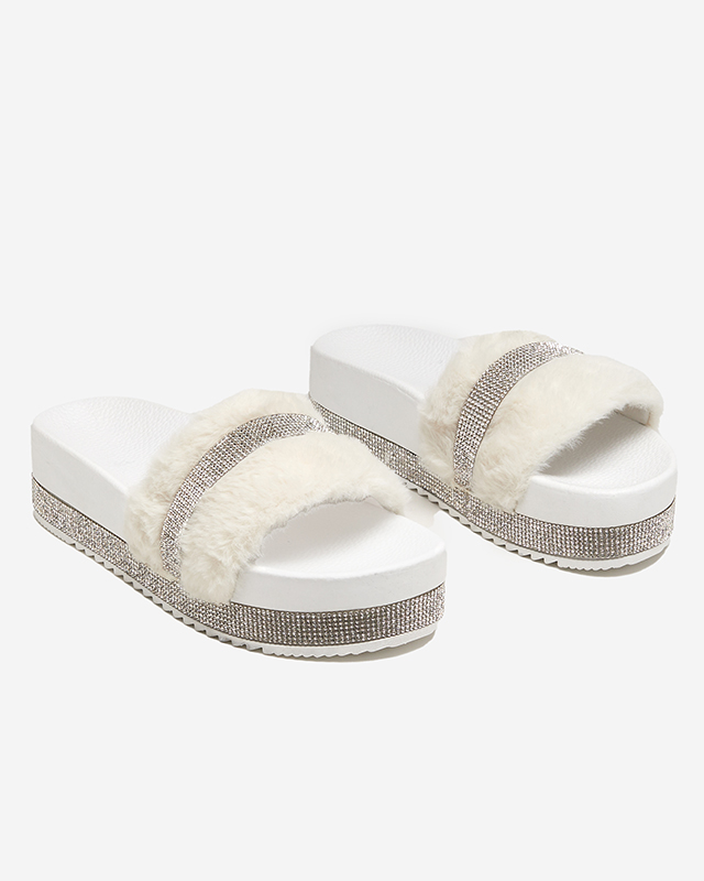 White women's slippers with fur and cubic zirconia Zerika - Footwear