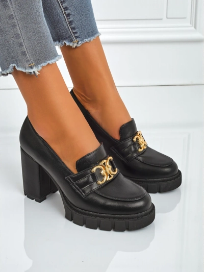 Women's Nero Aurora block heel pumps with a gold buckle, eco leather