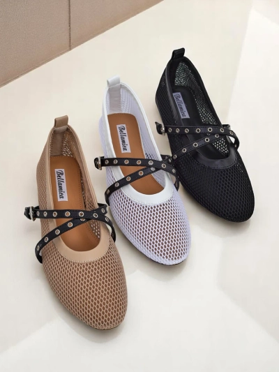 Балетки Royalfashion Calista Bianca – сетчатые белые женские туфли с черными ремешками