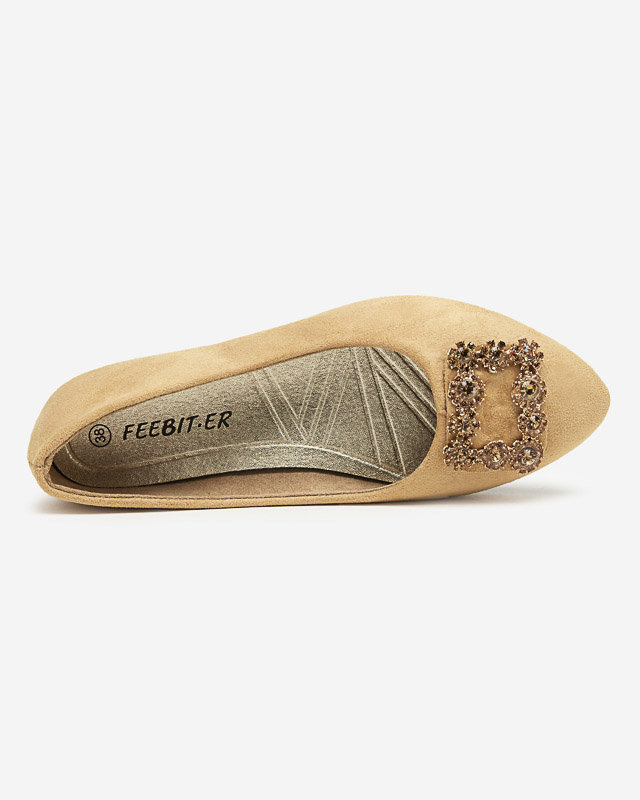 Light brown women's eco-suede ballerinas with Linselisa decoration - Footwear