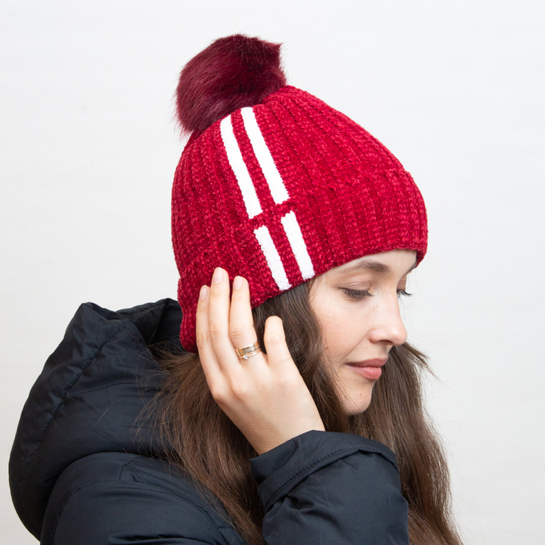 Maroon insulated beanie with white stripes and pompom - Accessories
