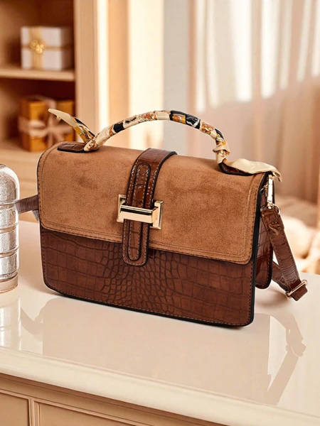 Sofia women's bag, brown suede and crocodile eco-leather with a strap