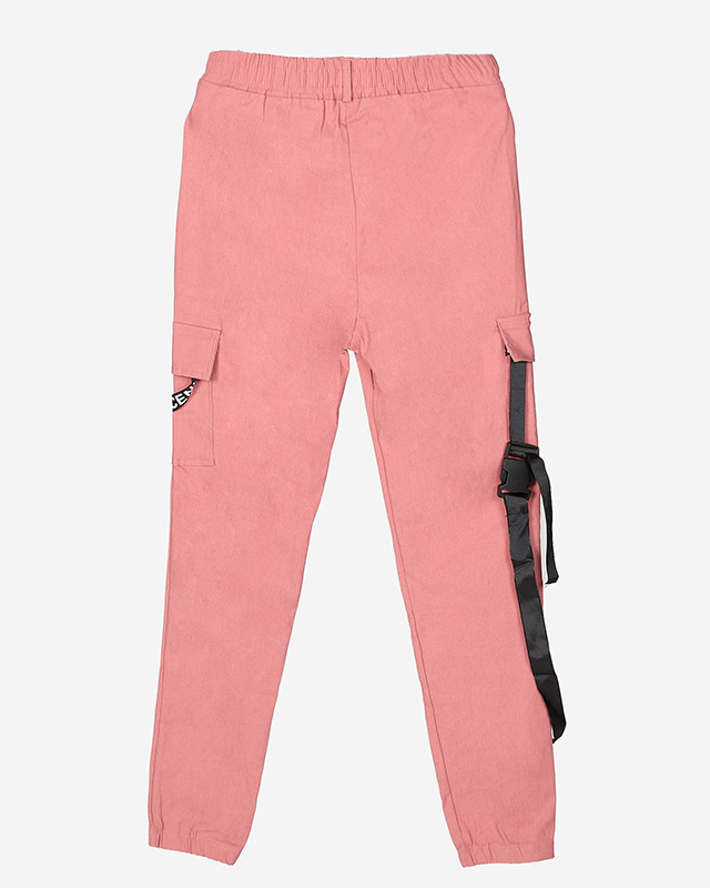 Dark pink women's cargo pants with a belt - Clothing