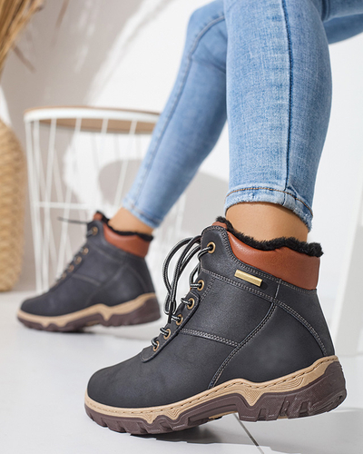 Black women's hiking boots tied with Poritsu fur - Footwear