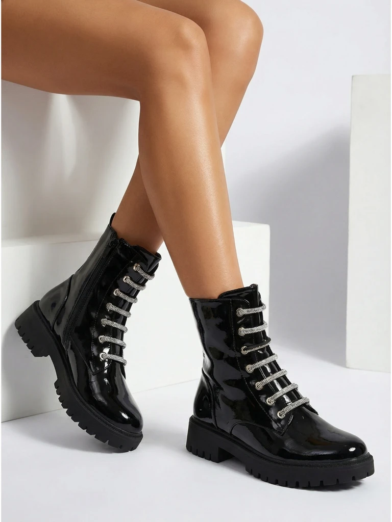 Patent Lace-up Women's Ankle Boots Velmini