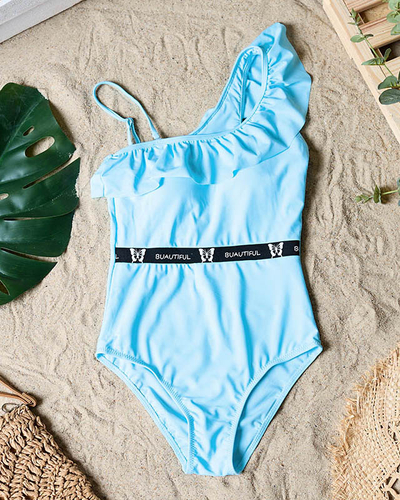 Women's blue one-piece swimsuit with a frill - Underwear