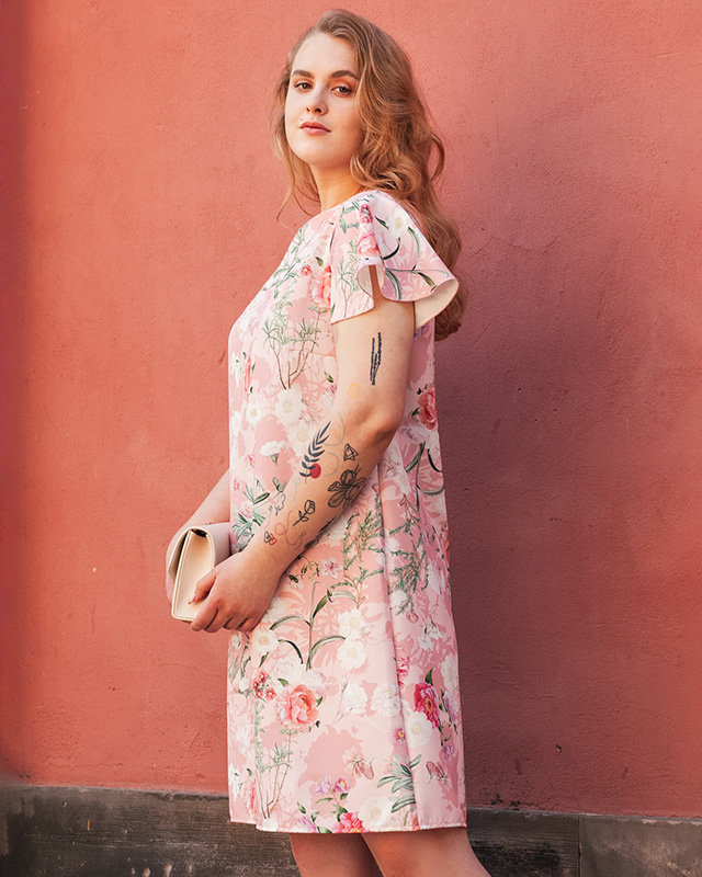 Women's pink floral trapezoidal dress - Clothing