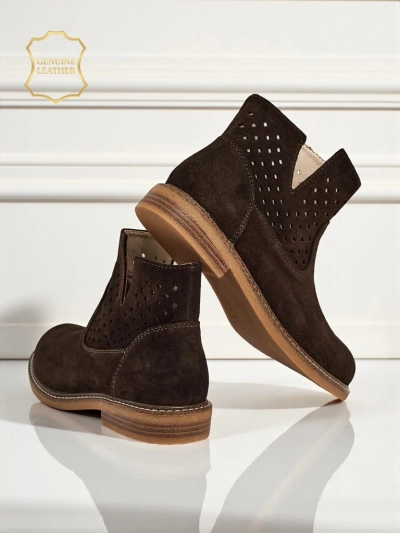 Ariadne ankle boots made of natural dark brown suede, flat 3 cm heels