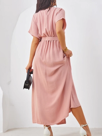 Royalfashion Women's midi dress with short sleeves, V-neck, and slit in the middle