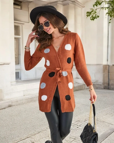 Ladies 'brown tied cardigan with colored circles - Clothing