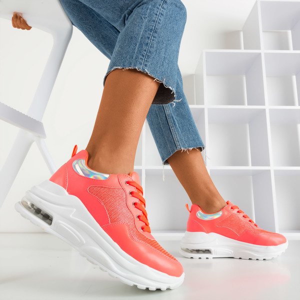 Neonowe pomarańczowe sportowe sneakersy damskie z holograficznymi wstawkami Piulesa - Obuwie