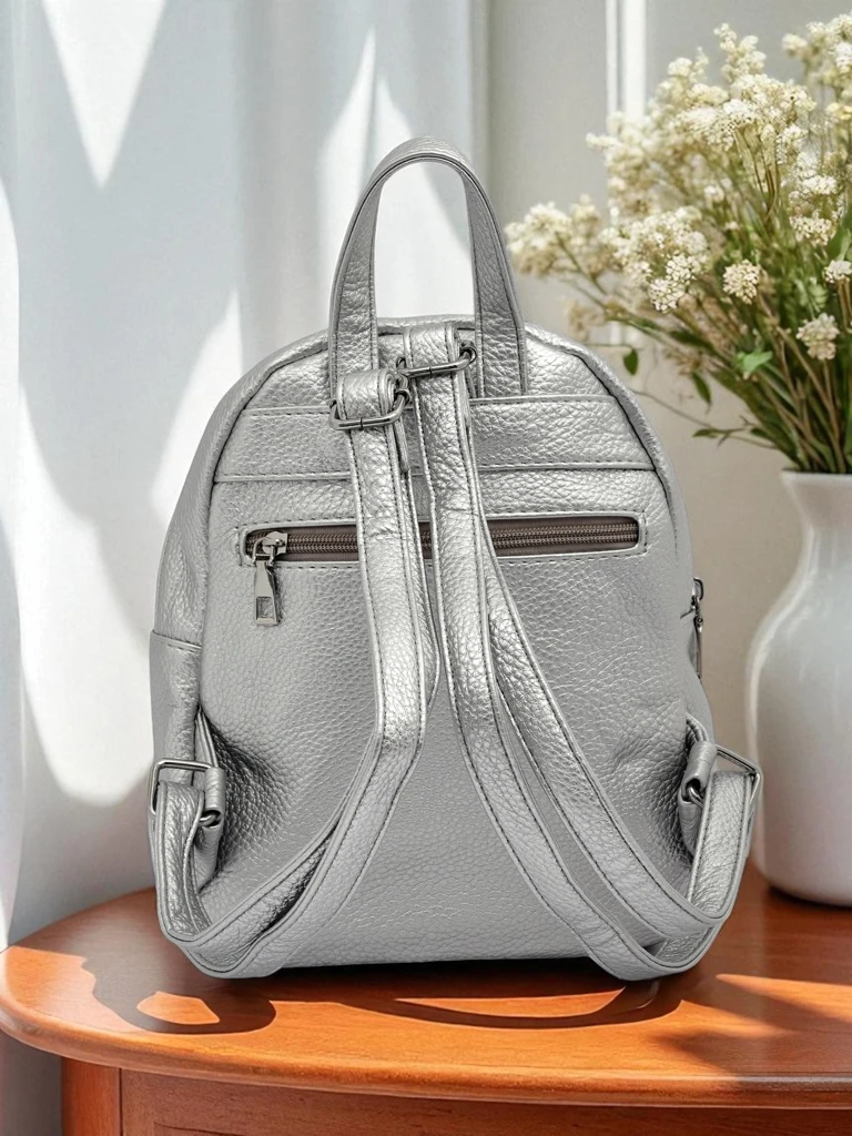 Selene Silver Faux Leather Women's Backpack by Królewska Moda, 25x25 cm