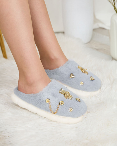 Royalfashion Blue women's fur slippers with ornaments Erserra