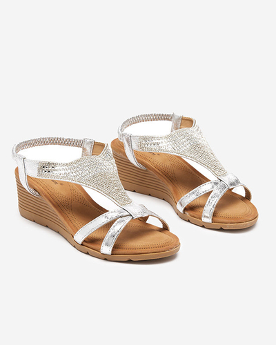 Silver women's sandals with cubic zirconias on a wedge Amuni - Footwear