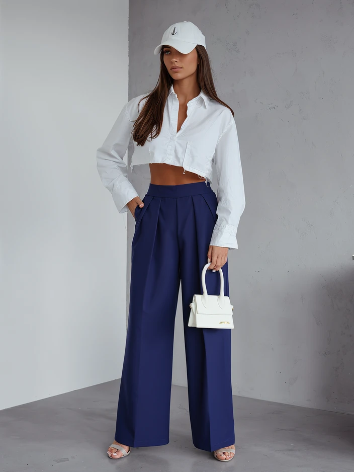 Royalfashion Plata platās sieviešu bikses ar krokām