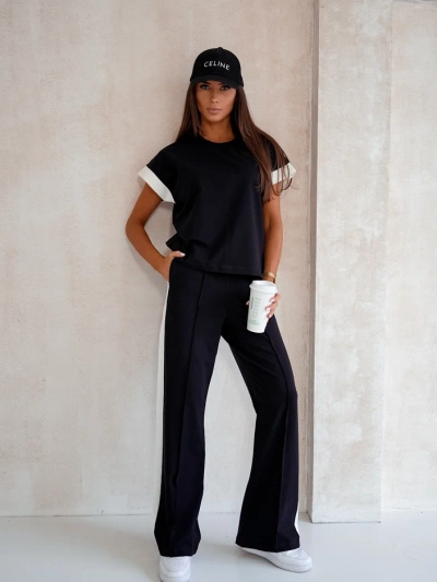 Royalfashion Sieviešu kokvilnas komplekts ar īsām piedurknēm un platām biksēm