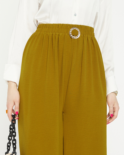Women's wide palazzo trousers with olive-colored decoration - Clothing