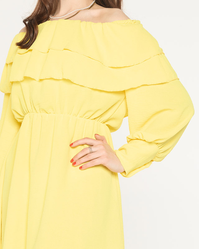 Women's Yellow Short Dress with Ruffles- Clothing