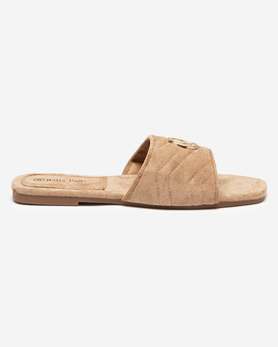 Light brown women's eco-suede slippers with a golden ornament Fanico - Footwear