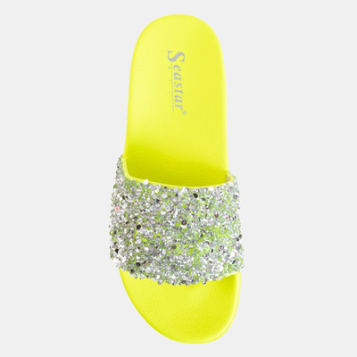 OUTLET Neon green women's slippers with cubic zirconia Aisidora - Footwear
