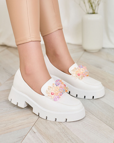 Royalfashion Белые женские мокасины с разноцветными кристаллами Crystal Glam