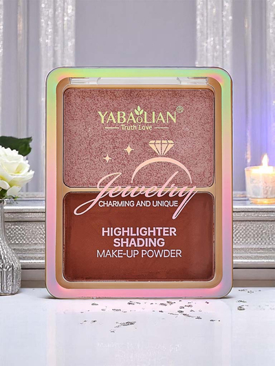 Pressed face highlighter and bronzer in a compact