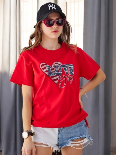 Royalfashion Sieviešu kokvilnas T-krekls LOVE ar pērlītēm