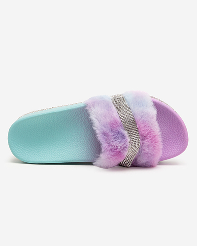 Violet-mint women's slippers with fur and cubic zirconia Zerika - Footwear