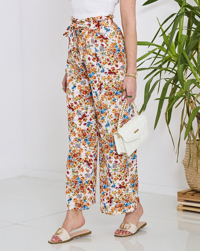 Women's white palazzo pants with orange flowers- Clothing
