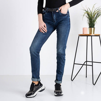 Navy blue women's denim jeans with belt - Clothing