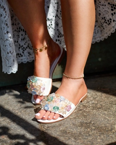 Royalfashion Beige women's flip-flops with colorful crystals Bling Breeze